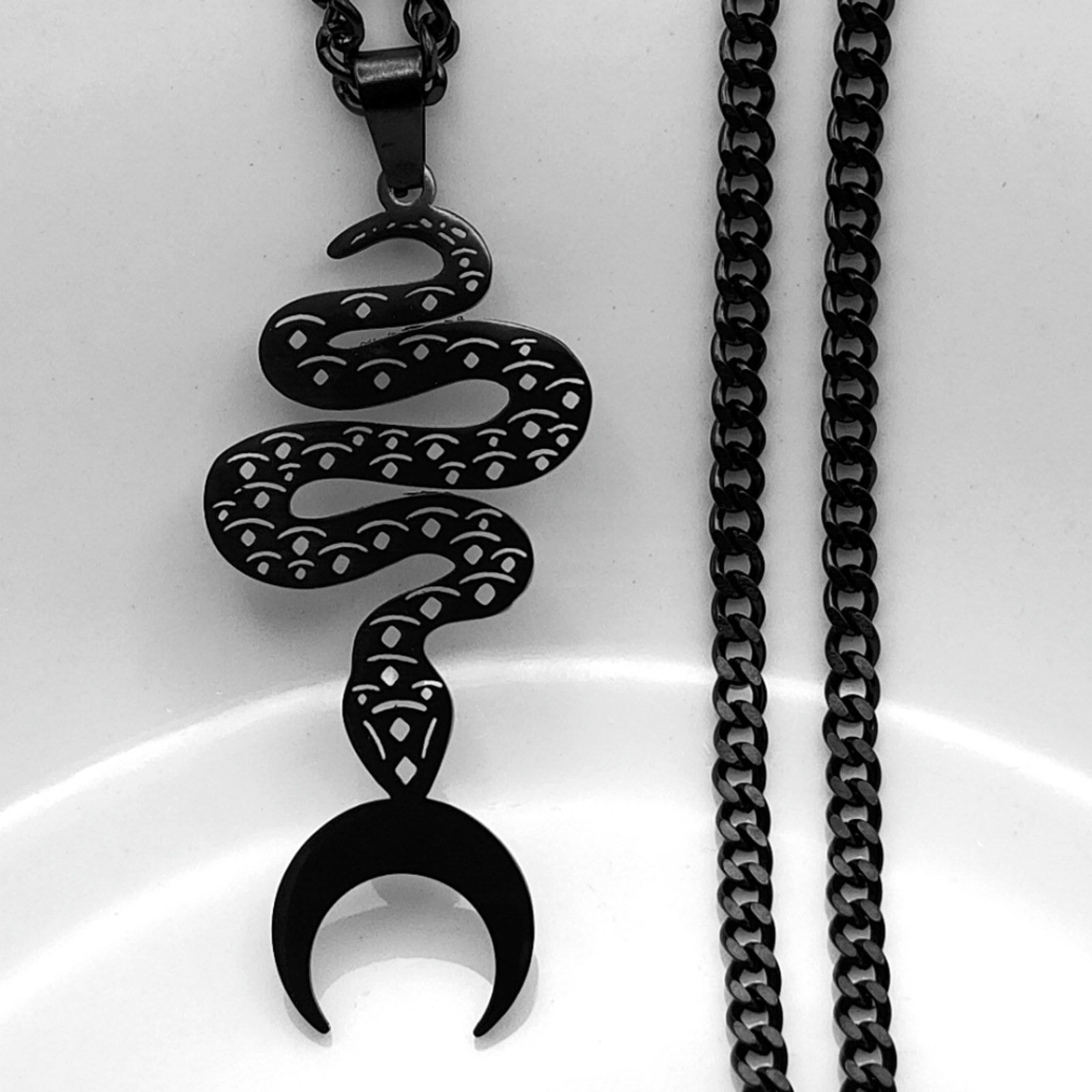 Nocturnal Guardian Serpent Snake Crescent Moon Necklace